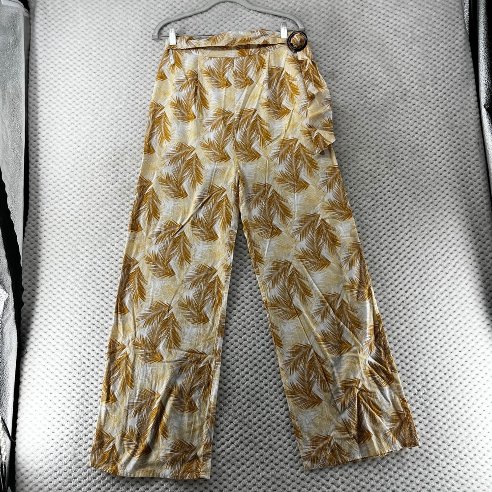 Blue Rain Wide Leg Pants Palm Leaf‎ Print High Waist Belted Trousers Tropical M